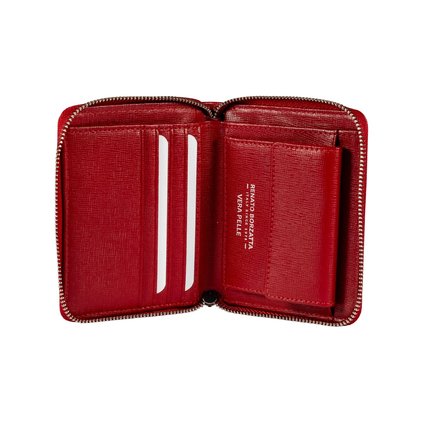 RB1086V | Women's Zip Around Wallet Made in Italy in Genuine Saffiano Leather. Polished Silver Metal Hardware. Color: Red. Dimensions (closed): 10 x 12 x 2 cm